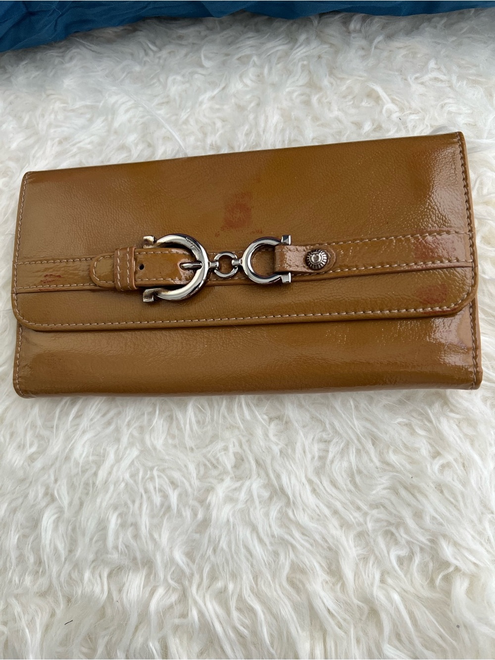 Salvatore Ferragamo Tan Patent Leather Gancini TriFold Wallet